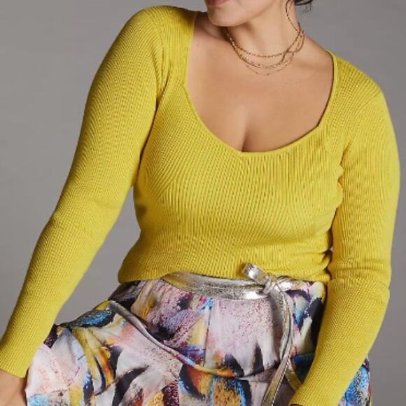 By Anthropologie Sweaters - Anthropologie Sweetheart Neckline Sweater Large L Citron Yellow Ribbed Knit EUC